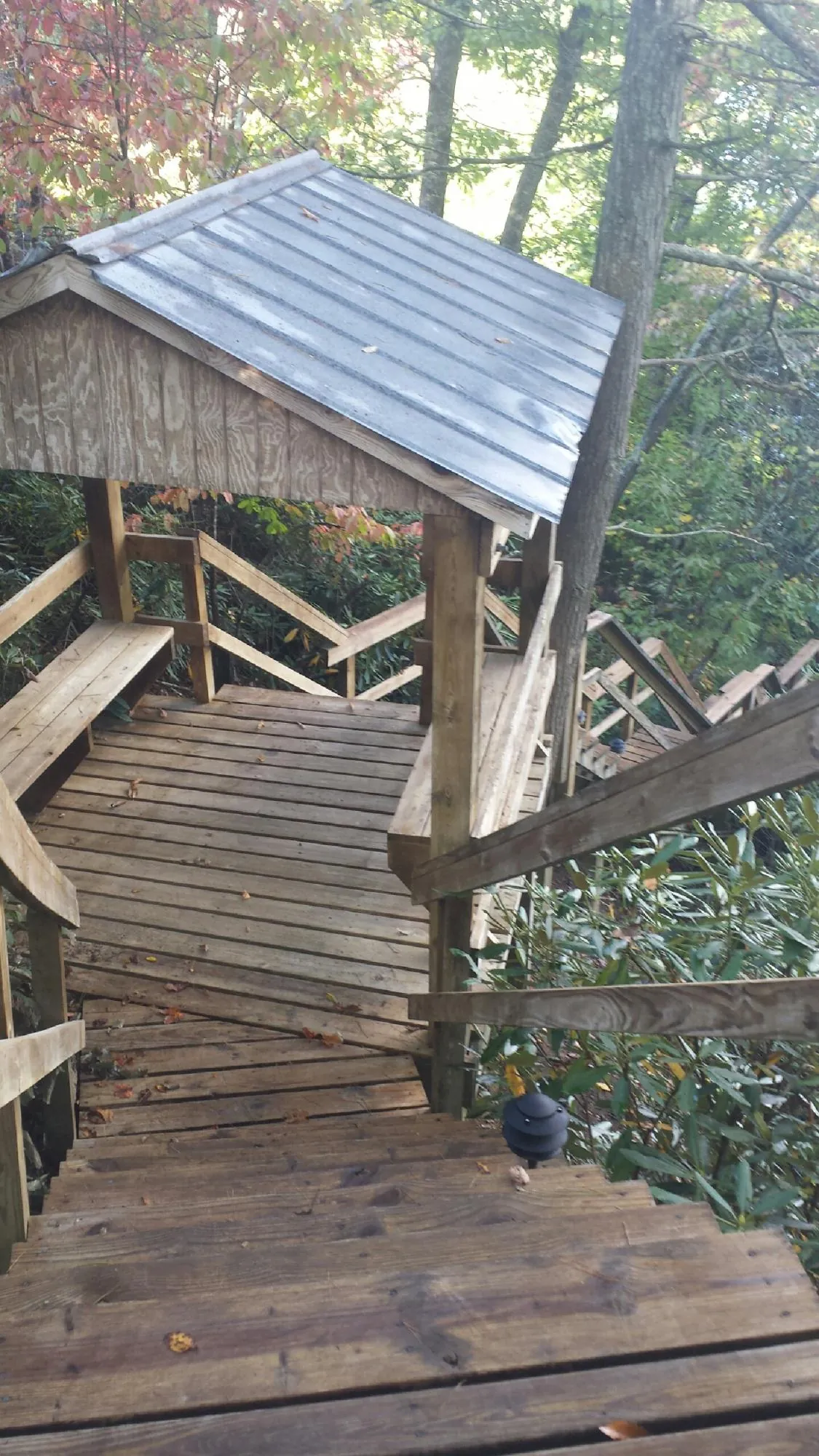 Metal roofed shelter over wooden steps on a wooded walkway — Skylight Repair & Installation work by our crew in Clarkdale